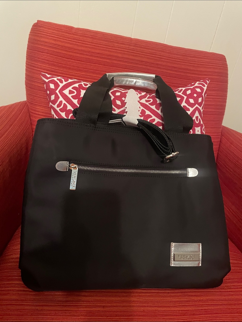 Versace Black Nylon Briefcase with Silver Hardware